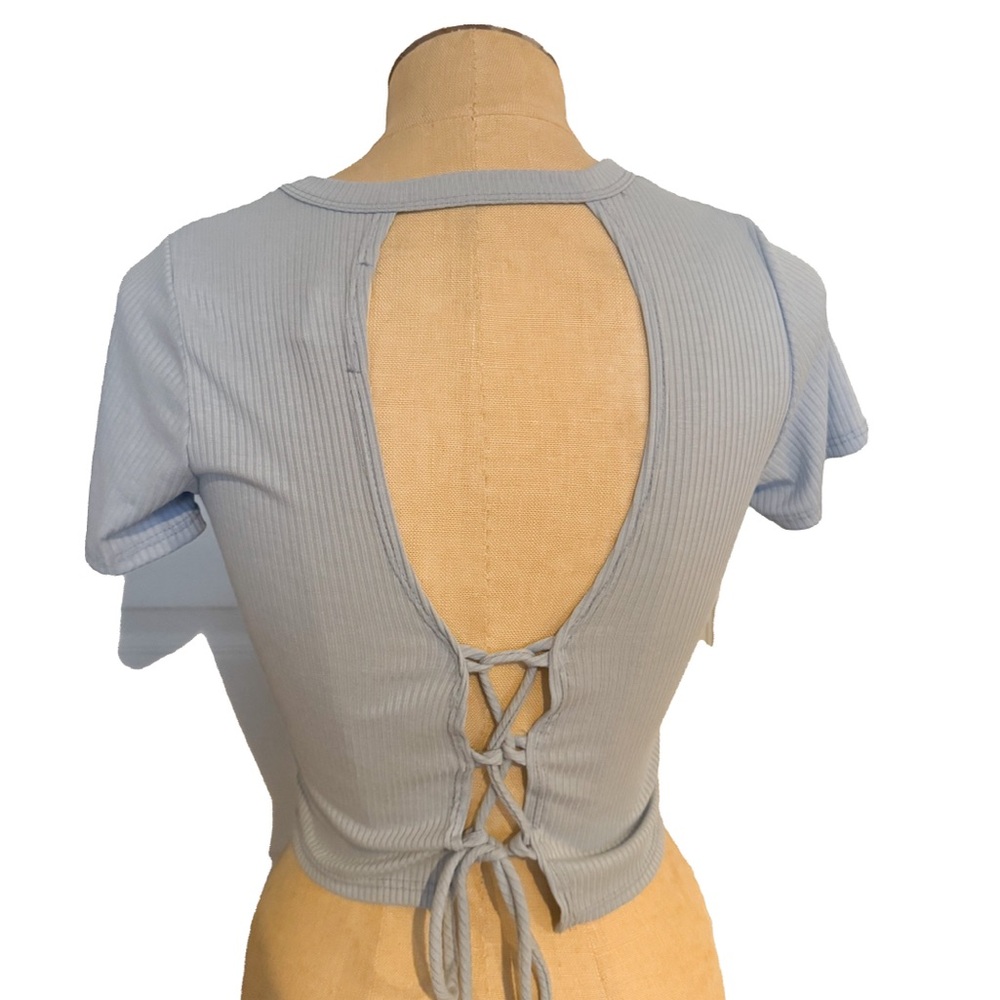 Caution To The Wind Sky Blue Lace-Up Short Sleeve Top